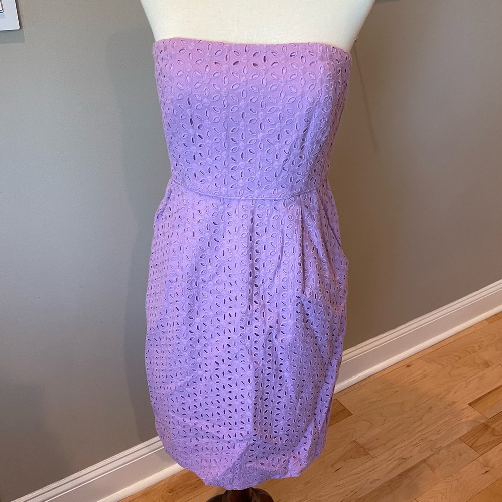 Purple J Crew patterned strapless dress size 2
